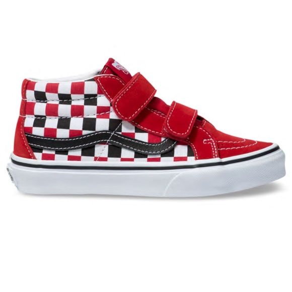 VANS Red, Black, White Checkerboard Velcro Sneakers - Picture 4 of 5